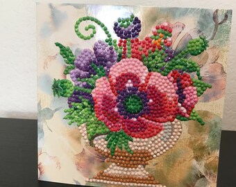 New Beaded Flower Bouquet Card, Pink, Purple Flowers, Sparkle Card, Unique Card, DebbiesCardShop, Diamond Painted Card, Any Occasion Card