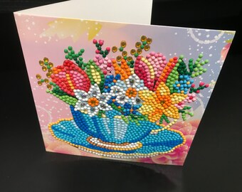 New Beaded Card, Finished Diamond Painted Greeting Card, Any Occasion, Flowers in a Tea Cup, Unique Card, DebbiesCardShop