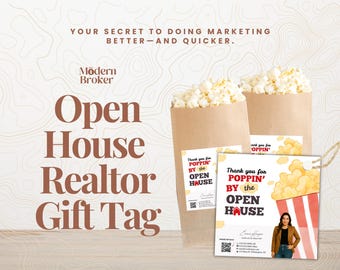 Thank You for Poppin&#39; By Open House Gift Tag | Realtor Popcorn Tag Template | Real Estate Thank You Tag | Editable Canva Download