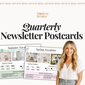 Modelos de cartões postais para boletins trimestrais imobiliários | Modelos editáveis do Canva para atualizações de mercado, dicas de manutenção e listagens em destaque