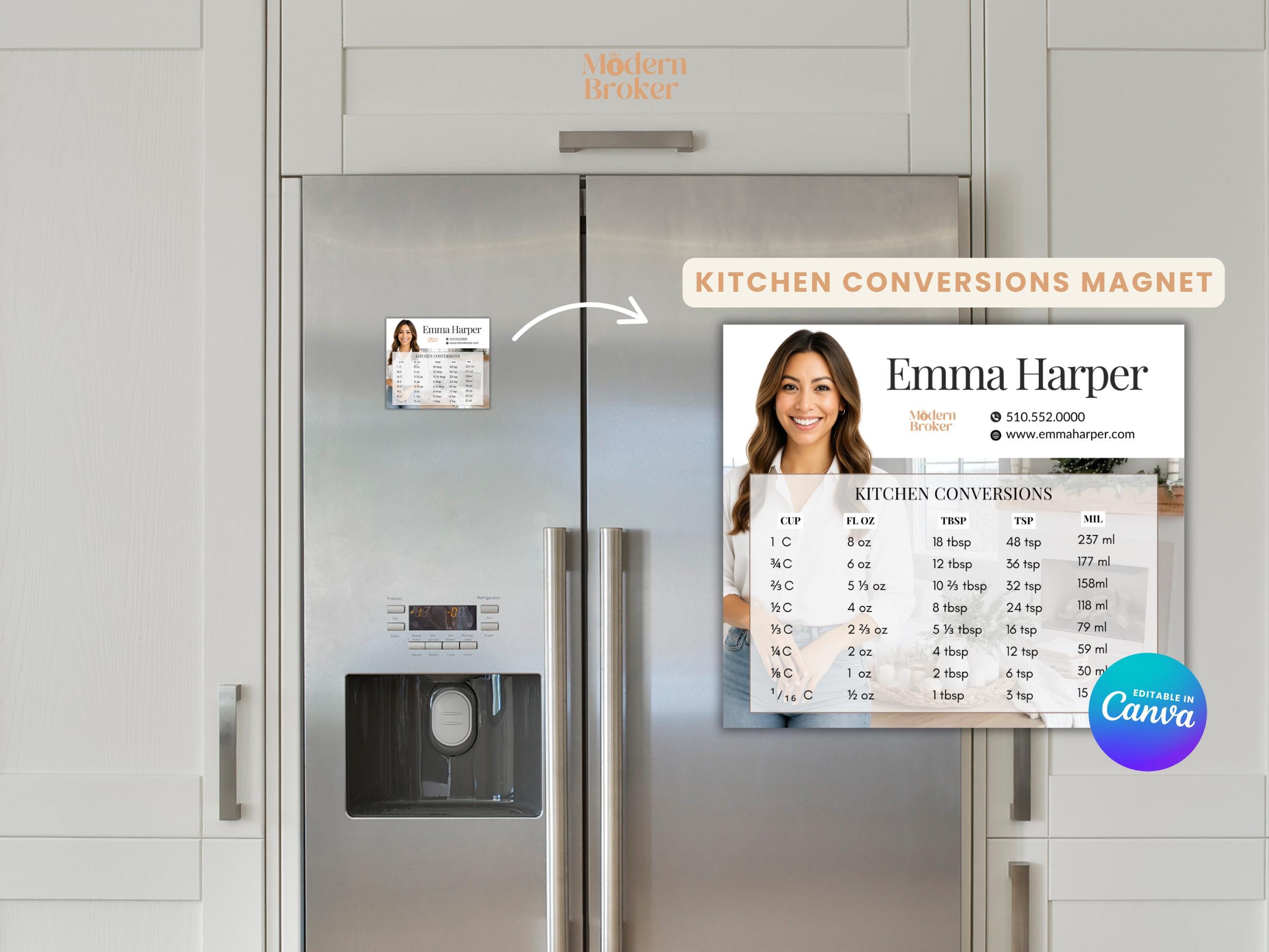 Kitchen Conversions Magnet for Fridge | Real Estate Client Gift | Neutral Realtor Pop By Gift | Cooking Chart | Canva Template