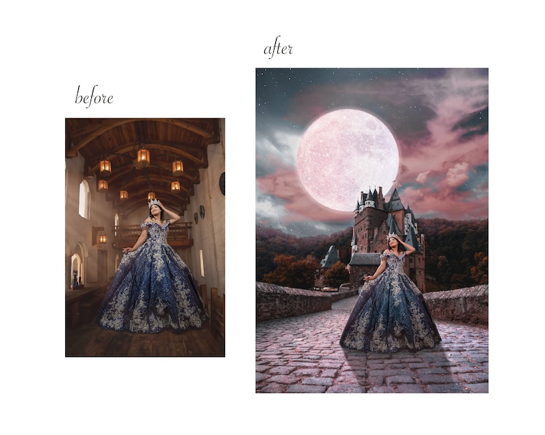 May include: A woman in a blue and silver gown with a crown stands on a stone bridge in front of a castle. The sky is pink and purple with a large, pink moon in the background.
