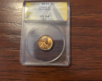 Moneda de un centavo Lincoln de 1958-D, certificada por ANACS MS64RD (grietas en el troquel).