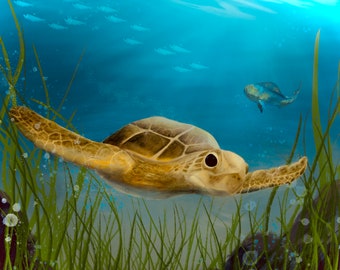 Tortuga marina pintura digital impresión por Roberto Rodriguez, arte, animal, ilustración, arte marino, arte de la vida marina, decoración del hogar, arte mural