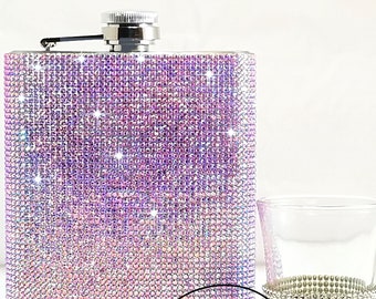 Pink AB Rhinestone Flask, Crystal Bridal Gift, 8oz