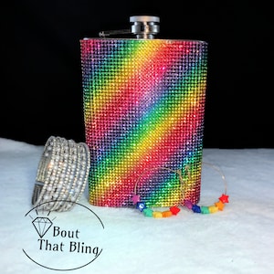 Rainbow Rhinestone Flask: Bedazzled Crystal Stainless Steel, PRIDE Gift