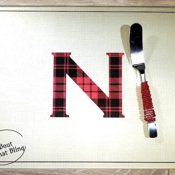 Monogrammed Charcuterie Board, Cheese Platter, Red Plaid Tray, Hostess Gift