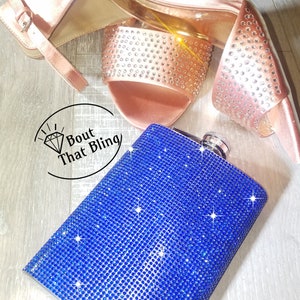 Blue 8oz Rhinestone Flask, Bling Sapphire Crystal Stones,  Bridesmaids Proposal Bachelorette Gift, Milestone Landmark Birthday Present