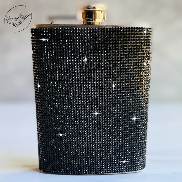 Black Rhinestone Flask For women, Brilliant Crystal Stones, 8oz, Bridesmaid Proposal gift, Girl's Trip, Graduation 21st Birthday Present