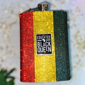 Educated Black Queen Rhinestone Stainless Steel Flask, Graduation, Kwanzaa Gift