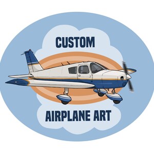 May include: A cartoon illustration of a white and blue airplane with a yellow stripe on the tail. The airplane is flying in front of a blue and orange cloud with the text "CUSTOM AIRPLANE ART" below it.