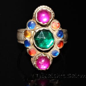 Vintage Afghan Silver Ring, Old Ethnic Tribal Nomad Ring with Colorful Glass Jewels, US Size 9 1/2, Collectors Piece, Gift for Her