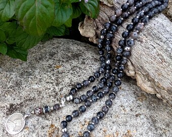 Long Beaded Black Jasper Necklace with Removable Charm Pendant, Long Black Gemstone Boho Hippie Necklace