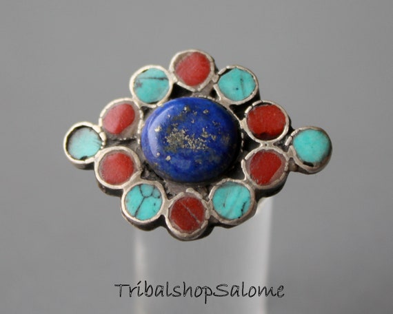 Afghan Silver Ring with Lapislazuli, Turquoise an… - image 1