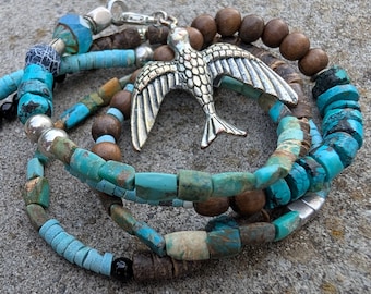 Turquoise Necklace with Coconut and Sandalwood Beads, Unisex Boho Hippie Chic Necklace with Genuine Turquoise