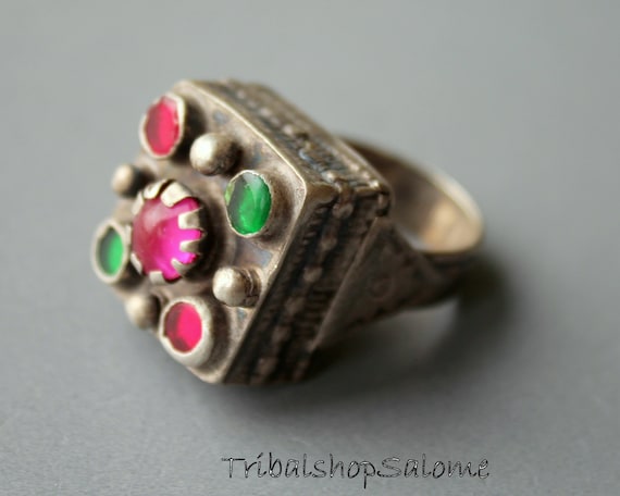Swati Aloch Pashtun Silver Ring with Jewels, US S… - image 1
