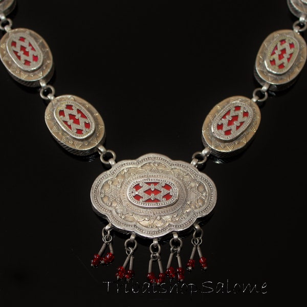 Vintage Goldwashed Afghan Kazakh Style Sterling Silver Necklace with Red Glass, OOAK Rare Silvercollier, Masterpiece