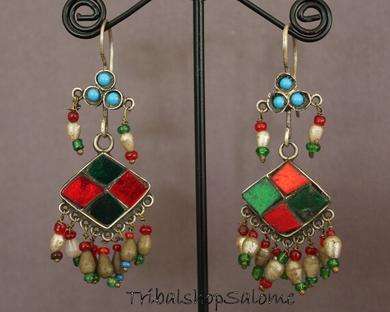 Old Authentic Rare Afghan Silver Earrings with Re… - image 5
