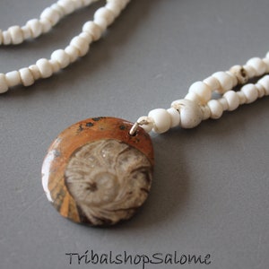 Long Necklace of Small White Glassbeads with a Fossilized Stone Pendant, OOAK