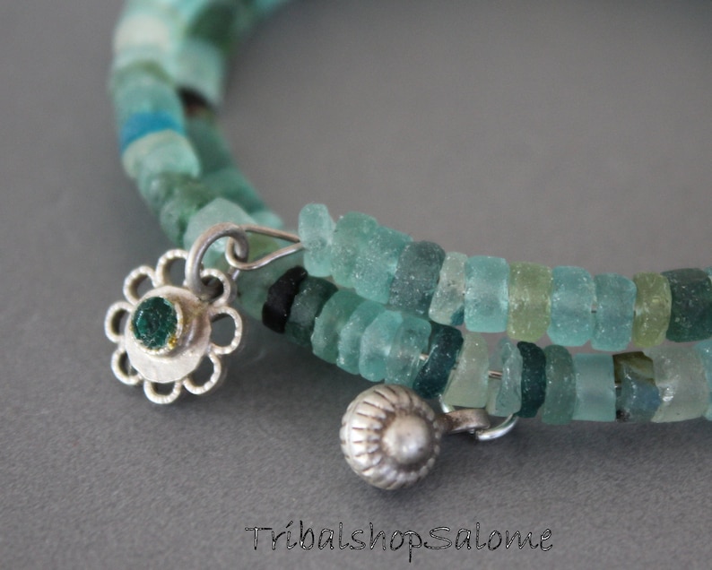 Unique Handmade Glass Bracelet 2-Row Bracelet of Ancient Roman Glass Beads with 2 Silver Charms