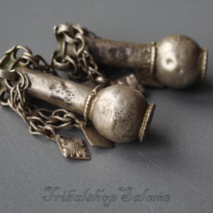 Pair of Old Silver Pipe Beads with Dangles, 42 mm long, Old Ethnic Silver Beads