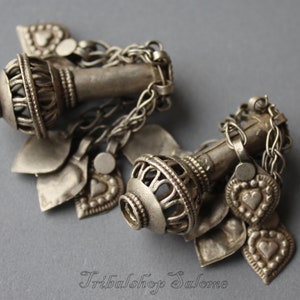 Pair of Old Silver Pipe Beads with Dangles, 40 mm long, Old Ethnic Silver Beads