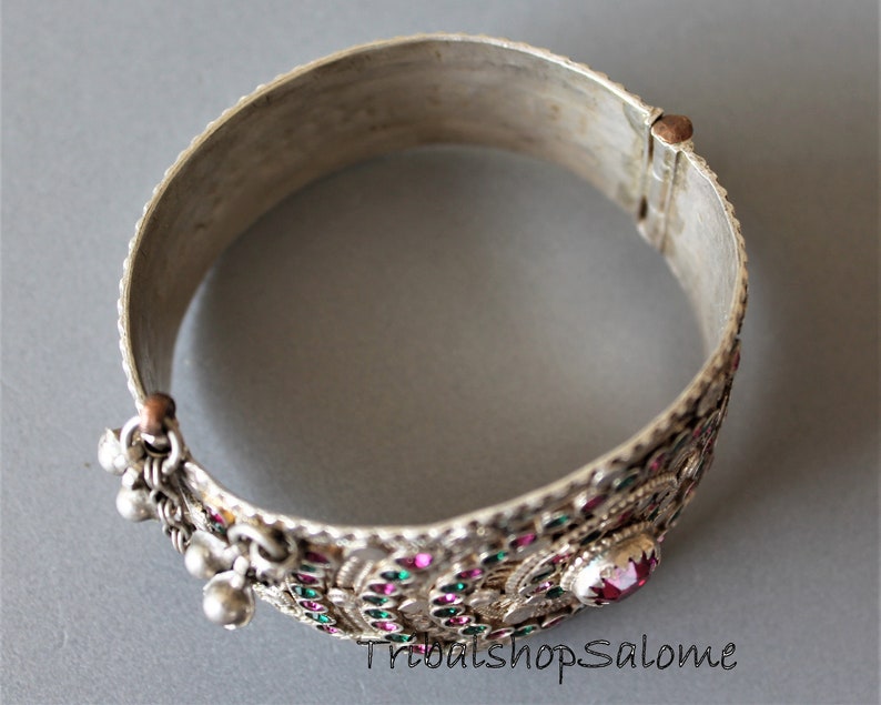 Old Filigree Balochi Silver Tribal Bracelet with Hinge and Pink and Green Jewels 79 g Sterling Silver Ethnic Tribal Jewelry
