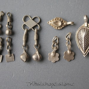 9 Tiny Afghan Silver Charms, 18-32 mm long, Mix of Charms, Silver Ethnic Tribaljewelry DIY
