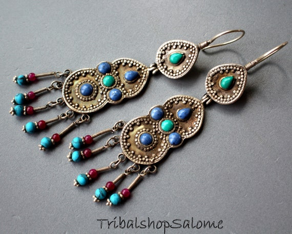 Central Asia Boho Hippie Statement Bukharai Design Turkoman Silver Earrings from Afghanistan Silk Road Jewelry Ethnic Earrings