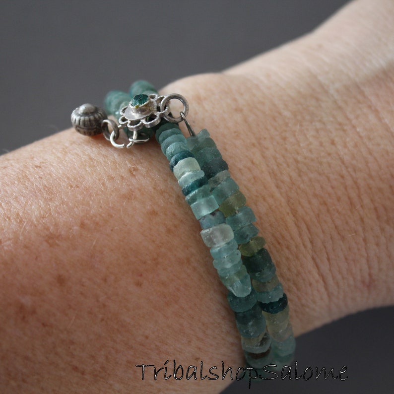 Unique Handmade Glass Bracelet 2-Row Bracelet of Ancient Roman Glass Beads with 2 Silver Charms