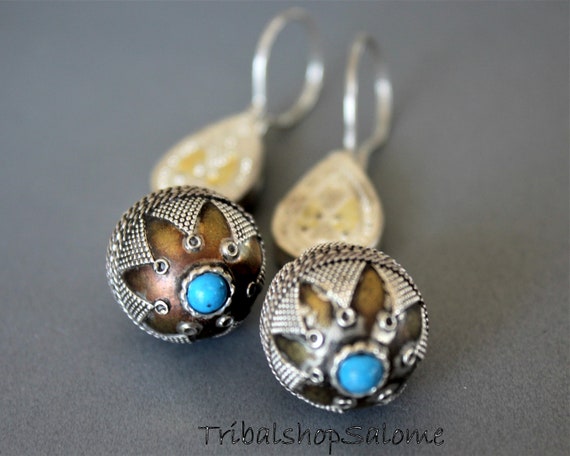Kazakh Goldwashed Silver Tribal Earrings with Tur… - image 4