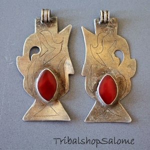 Pair of Old Small Gilded Turkmen Teapot Silver Pendants with Carnelian Gemstones, Weight 5 g, TEKKE, Earrings DIY, Hospitality