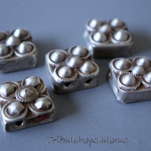 Old Square Gilgit Silver Beads with Patina, with Two Holes, Set of 5 or 6 pieces, 14 x 14 mm
