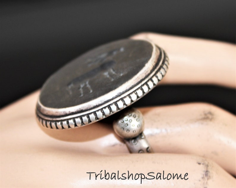 Vintage Afghan Sterling Silver Ring with Flat Black Onyx and Gazelle Nomad Mens Ring Ethnic Jewelry US Size 11