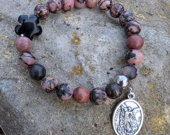 Pink and Black Rhodonite Beaded Bracelet with Silvertone Guardian Angel Medallion Pendant, for an Arm Circumference of 5.9 - 6.3 inch