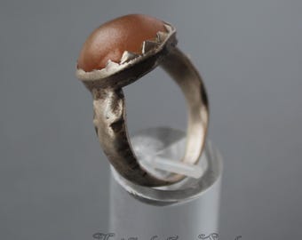 Old Afghan Silver Ring with Brown Agate Gemstone, US Size 9 1/2