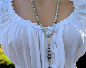 Long Beaded Sea Sediment Emperor Jasper Necklace with Removable Charm Pendant, Long Unisex Ladies Necklace