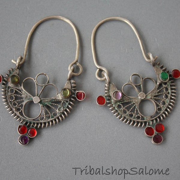 Old Crescent Waziri Silver Earrings with Jewels