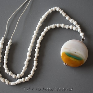 Long Necklace of Small White Glassbeads with an Agate Pendant, OOAK