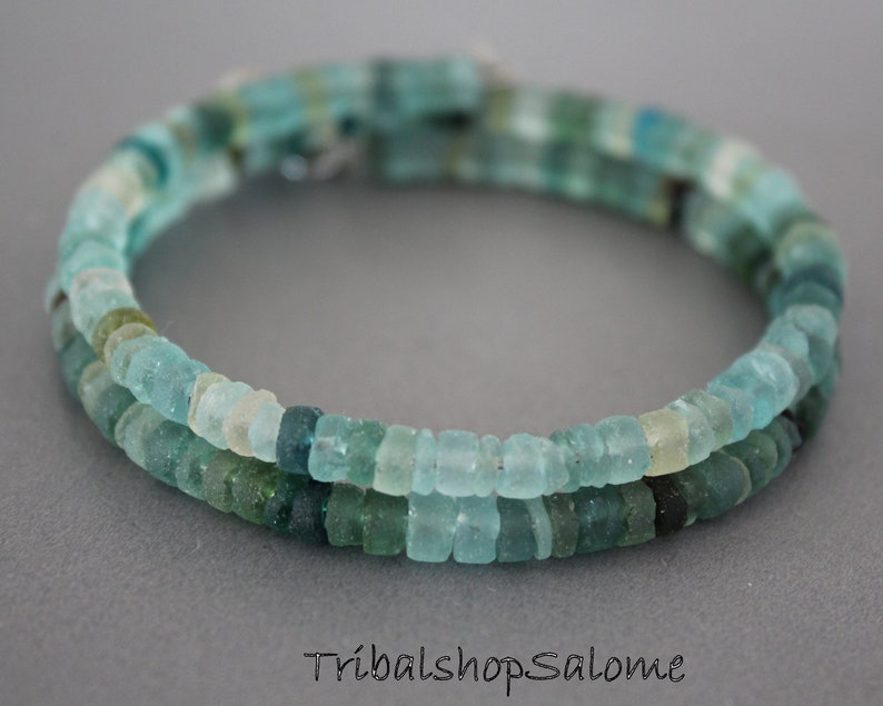 Unique Handmade Glass Bracelet 2-Row Bracelet of Ancient Roman Glass Beads with 2 Silver Charms