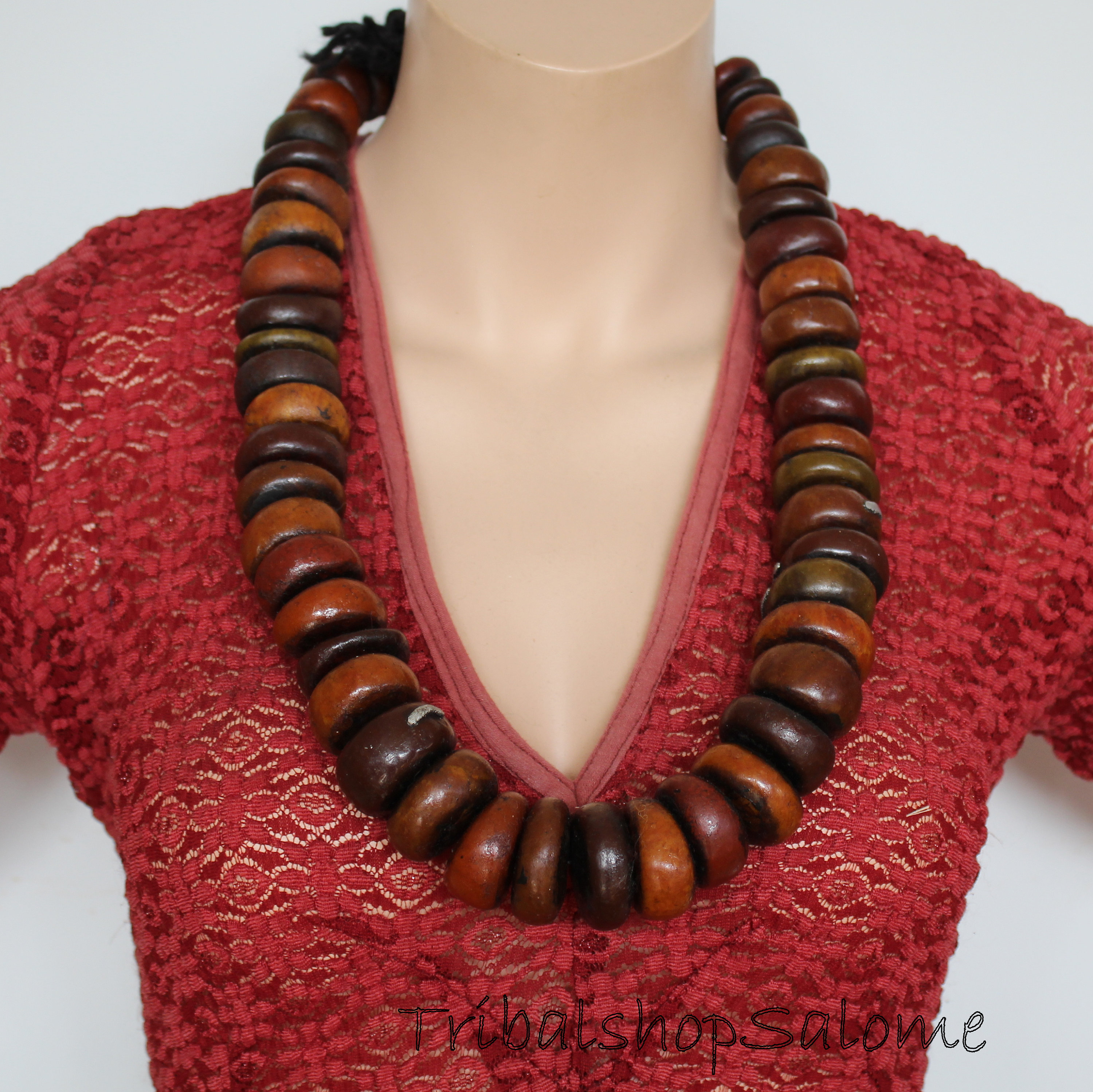 Collier Ancien Perles Bakelite Rouge/marron Ambre - 49g, Bijou Vintage Occasion