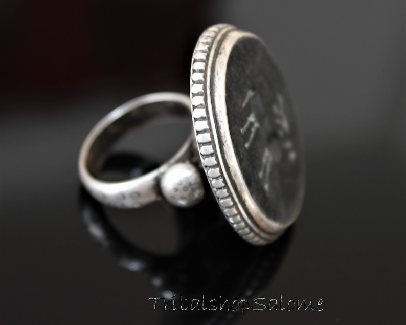Vintage Afghan Sterling Silver Ring with Flat Black Onyx and Gazelle Nomad Mens Ring Ethnic Jewelry US Size 11