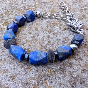 Lapis Lazuli Mens Bracelet, Lapis Nuggets and Hematite Gemstone Bracelet, Blue and Silver Beaded Bracelet for every Arm Circumference