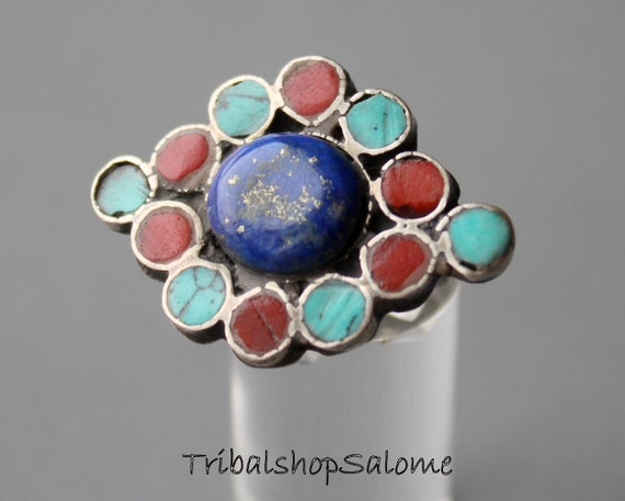 Afghan Silver Ring with Lapislazuli, Turquoise an… - image 2