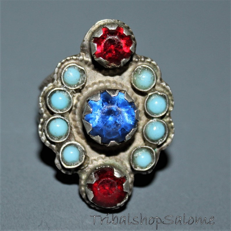 Collectors Piece Gift for Her Vintage Afghan Silver Ring with Glass Jewels US 8 Old Ethnic Tribal Nomad Ring