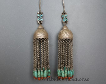 Tadjik Silver Side Hanging Earrings with Dangles with Turquoise and Coral Beads