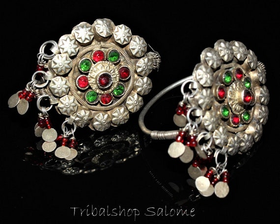 Gilded Afghan Silver Earrings with Red and Green … - image 2