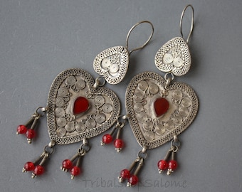 Big Heartshaped Turkmen Kazakh Silver Earrings with Carnelian Gemstones