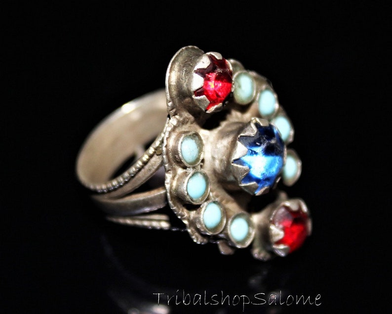 Collectors Piece Gift for Her Vintage Afghan Silver Ring with Glass Jewels US 8 Old Ethnic Tribal Nomad Ring