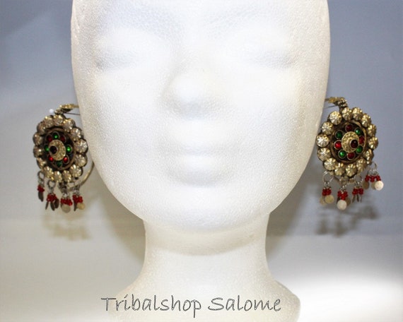 Gilded Afghan Silver Earrings with Red and Green … - image 7